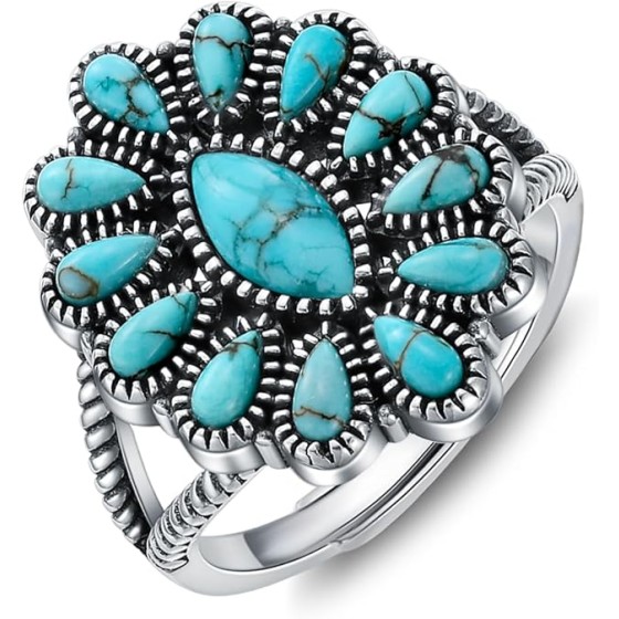 Native American Turquoise Rings for Women Adjustable Squash Blossom Western Ring 925 Sterling Silver Boho Style Statement Jewelry Size 4 to 9