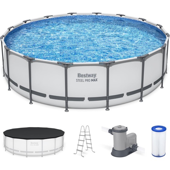 Bestway Steel Pro MAX 16 Foot x 48 Inch Round Metal Frame Above Ground Outdoor Swimming Pool Set with 1,000 Filter Pump, Ladder, and Cover