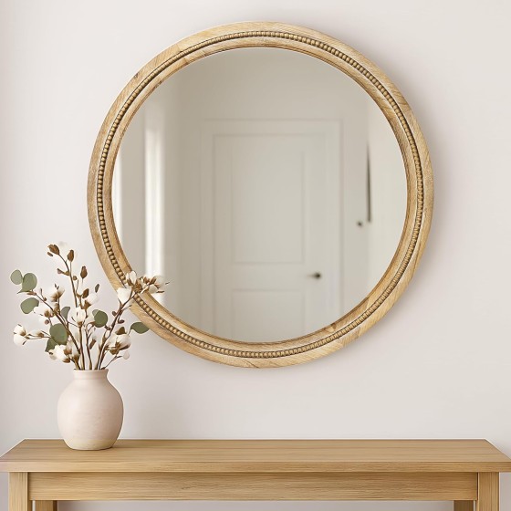 30" Round Wood Wall Mirror – Artisan Beaded Frame, Farmhouse Rustic French Country Decorative Mirror for Entryway, Bedroom, Bathroom, or Living Room