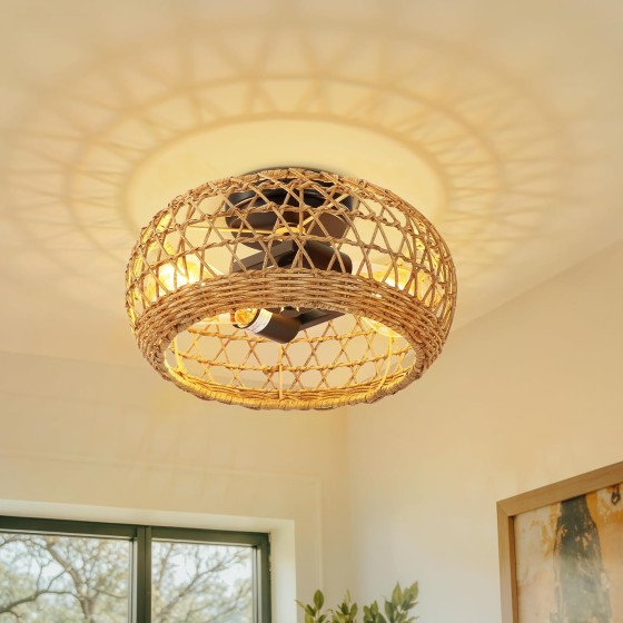 Tribesigns Rattan Ceiling Light Fixture, Boho Flush Mount Ceiling Light, Rustic Wicker Hand Woven Cage Shade, Farmhouse Rattan Flush Lamp for Living Room Bedroom Entryway Kitchen, Bulbs Not Included
