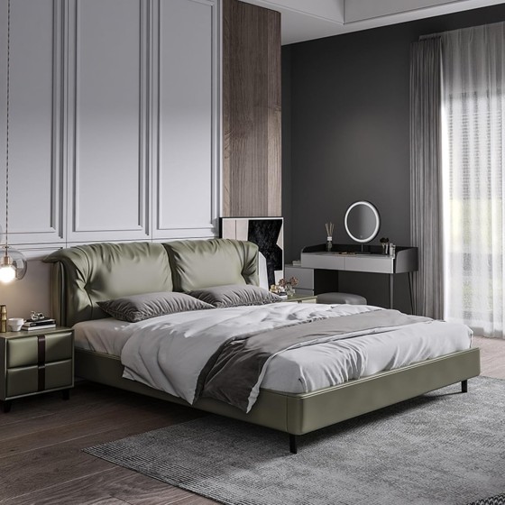 OUDINI Nordic Double Leather Bed Modern Storage Platform Bed Frame Leather Bed Frame Queen No Box Spring Needed