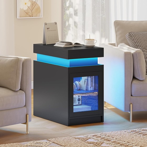 SEDETA End Table with Charging Station, Narrow Side Table with Sliding Top Storage for Small Spaces, Nightstand with Storage Shelves and LED Lights for Bedroom, Bedside Table for Living Room