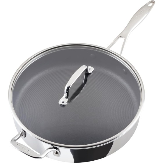 Circulon C1 Series Clad Stainless Steel with ScratchDefense Technology Cookware Nonstick Induction Saute Pan with Lid and Helper Handle, Metal Utensil Safe, 5 Quart - Polished Stainless Steel